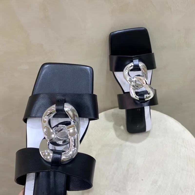 

Bailamos Women Slipper Fashion Square Toe Flat Heel Slides Summer Outdoor Beach Metal Buckle Sandal Shoes Ladies Flip Flop