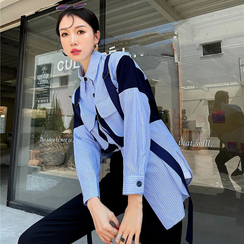 

Women Blue Color Contrast Ribbon Pocket Stripe Blouse New Lapel Long Sleeve Shirt Fashion Spring Summer 2021 C877