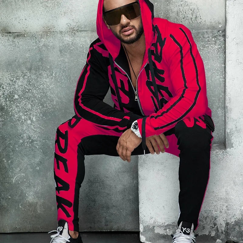 

ZOGAA Men's Sports Suit Hooded Letter Printed Color Matching Hot Sale Personality Hip-hop Zipper Cardigan Fashion Large Size New