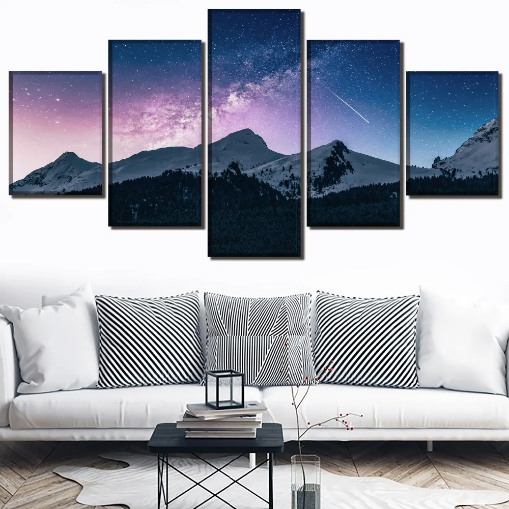 

Canvas Pictures Wall Art Framework HD Print Poster 5 Pieces Starry Sky Snowy Mountains Landscape Painting Modern Home Decorative