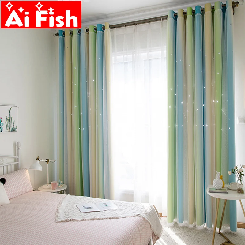 

Rainbow Colorful Stripe Lace Curtain Double layer Hollow Stars for Kids bedroom Blackout Drape Tulle Curtain Custom Panel M080-5