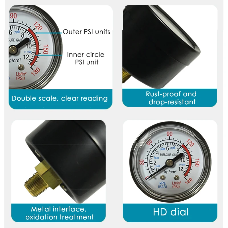 

Black Air Pressure Gauge Y40/50 Horizontal Mount External Thread Water 0-180PSI Mount air pressure accessories, pressure gauge