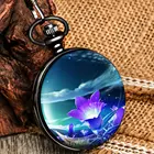 Часы наручные женские кварцевые с сияющим рисунком водяной лилии, черные карманные цифровые с прозрачным циферблатом, практичные сувенирные часы с кулоном на ожерелье для девушек