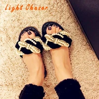2021 summer new womens sandals pearl woven flat slippers womens fashion outer wear ins word womens sandals and slippers