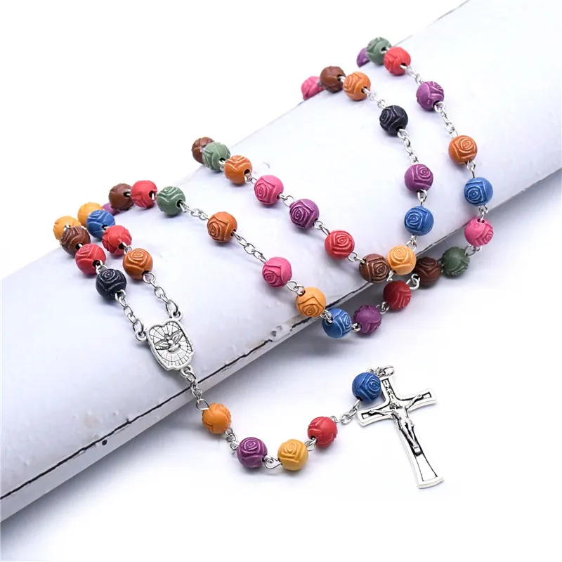 

NewTrend 3 Types Catholic Rosary Necklace Colorful Rose-Shaped Bead Fashion Jewellery Party Fine Accessories Gift For Unisex