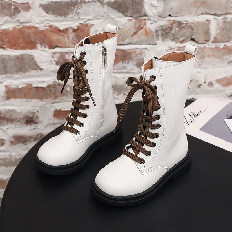 

Girls Boots Motorcycle Boots Fashion Autumn Winter Warm Cotton Kids Tide Size Zipper Cross-tied Medium High Top Children's Boots