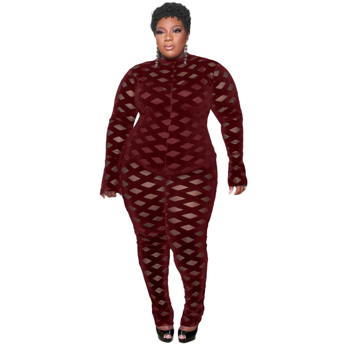 

Women Sexy Hollow Out Clubwear Jumpsuits 2021 Summer New O-neck Full Sleeve High Waist Skinny See-through Plus Size Rompers