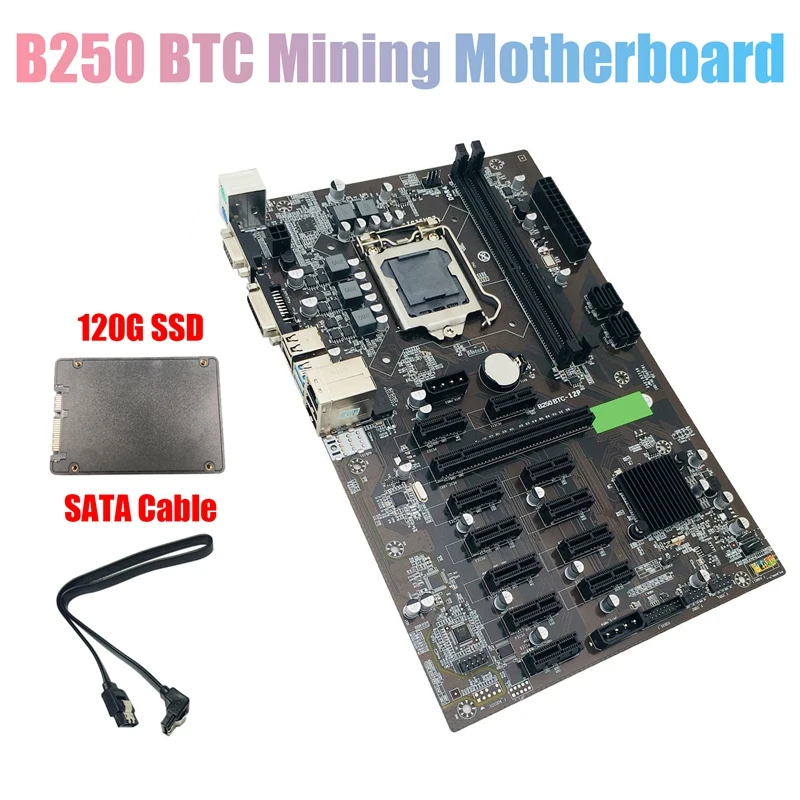 

B250 BTC Mining Motherboard with 120G SSD+SATA Cable 12XGraphics Card Slot LGA 1151 DDR4 USB3.0 SATA3.0 for BTC Miner