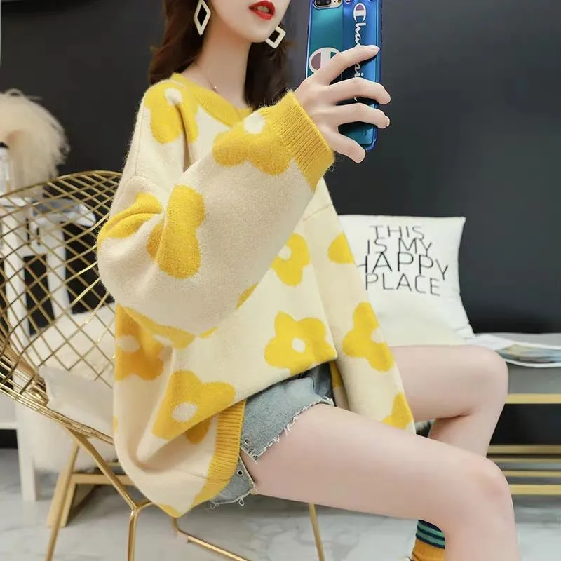 Женский пуловер с цветочным принтом Осень-зима 2019 свободный свитер в стиле