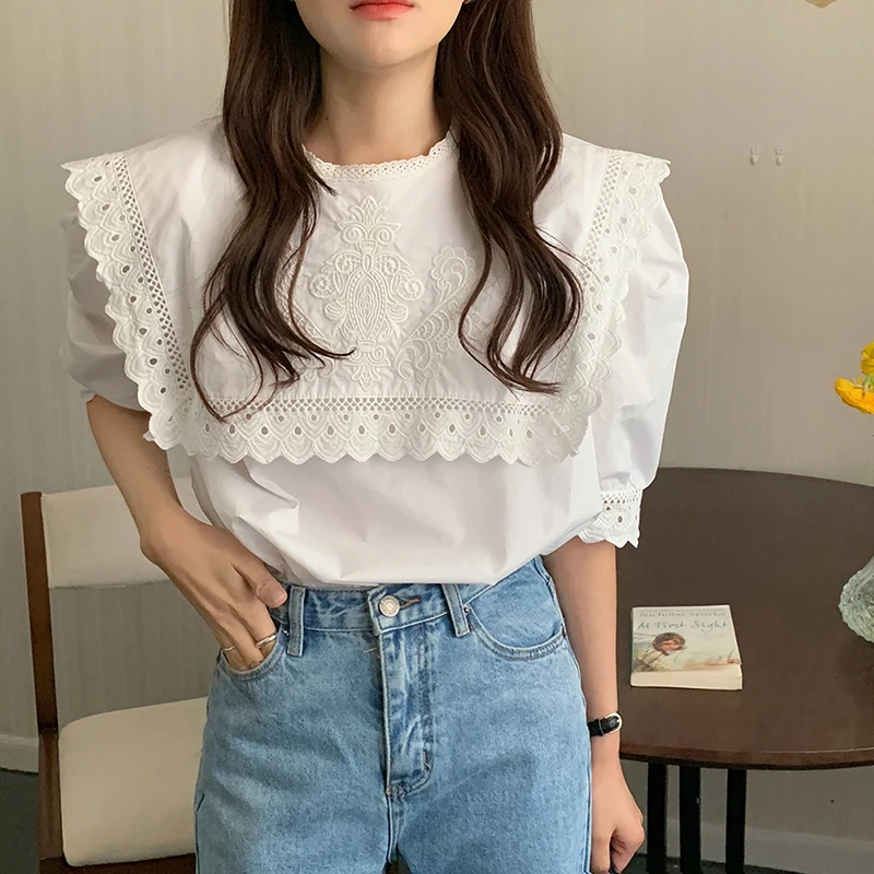 

QOERLIN French Girl Lace Hollow Out Embroidery Navy Collar High Quality Short Sleeve White Shirt Solid Basic Shirts Blouse Femme