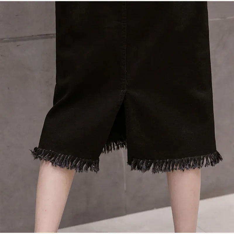 Юбка женская джинсовая асимметричная с бахромой на подоле элегантная длинная