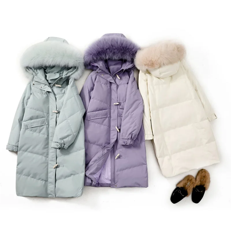 

FOR Ailegogo Winter Large Fox Fur Women Down Long Parka 90% White Duck Down Coat Horn Button Zipper Snow Warm Hooded Jackets