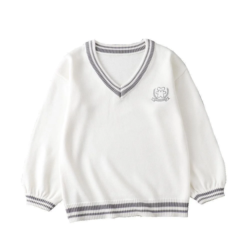 

Japanese High School Uniform Couples Lovers Pullovers Man Women Long Sleeve Bear Embroidery Sweaters British Style Slim Knitwear