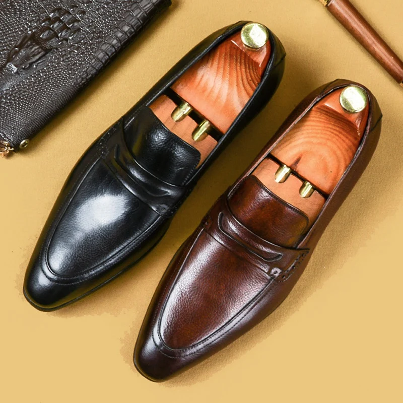 

Italian Genuine Leather Man Comfortable Formal Dress Loafers Vintage Pointed Toe Slip on Men's Handmade Shoes For Male AS306