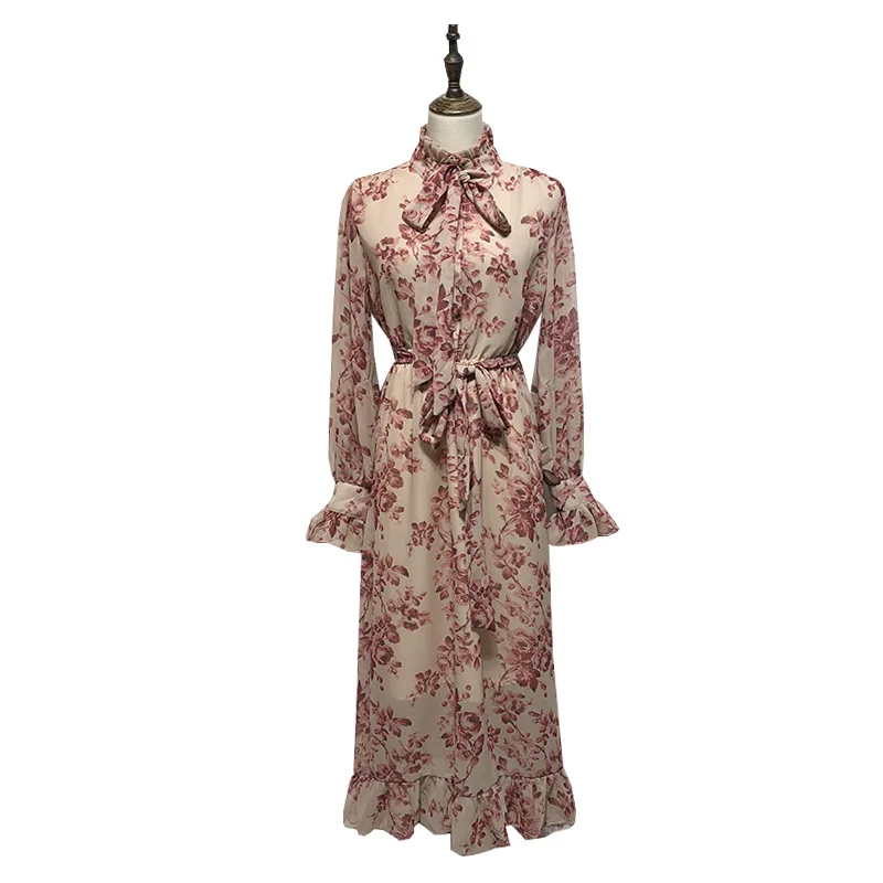 

2021 Spring New Vintage Elegant Floral Women Dresses Long Ruffles Pink Slim Lady Party Dresses Holiday Chiffon Dress