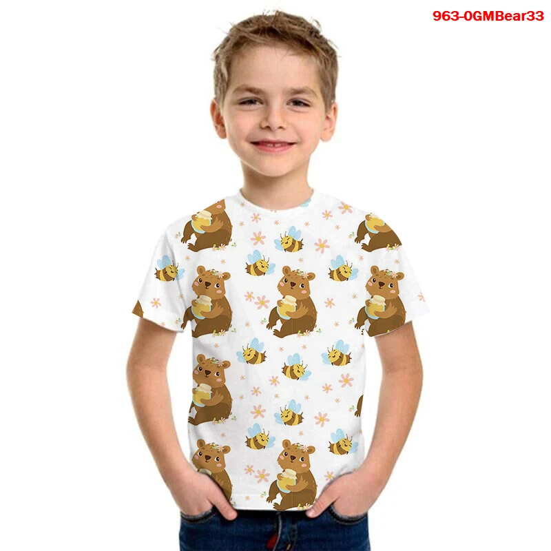 

Baby Girls T-shirt Bear Cartoon Print Boys Tshirt Vogue Casual Graphic for Kids 2-8 Year Old Birthday Gift Costume Tops