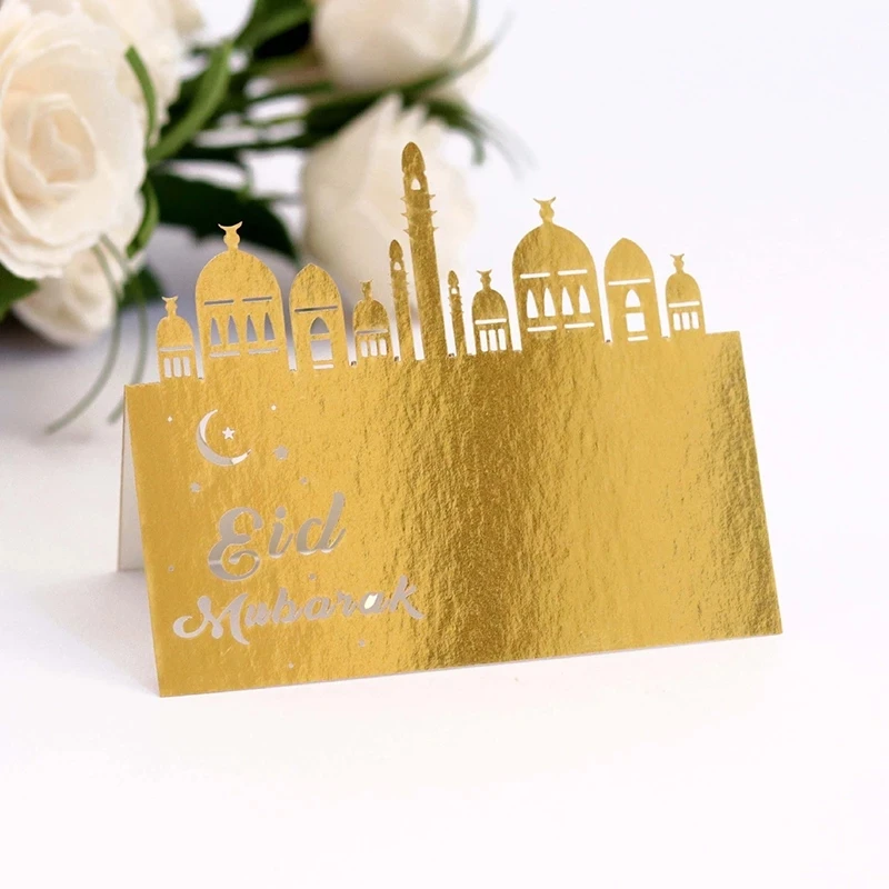 

10pcs Ramadan Mubarak Muslim Name Place Card Ramadan Postcards Hollow Out Lace Table Eid Party Table Festival Decorations