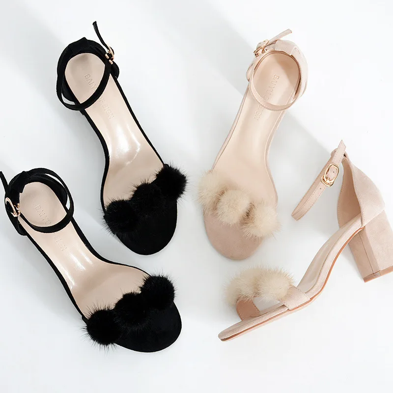 Женские босоножки Коллекция 2020 года Сезон лето Меховые Туфли-лодочки с ремешком