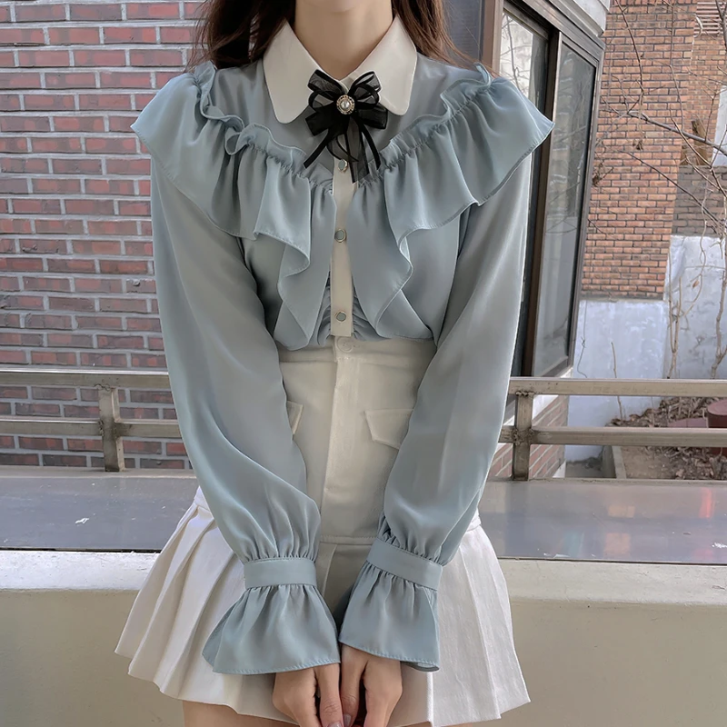 

2023 Brand New Summer Chiffon Blouse Peter Pan Collar Ruffles Long Sleeve Shirt Bowtie Cute Tops Blusa Camisas Mujer