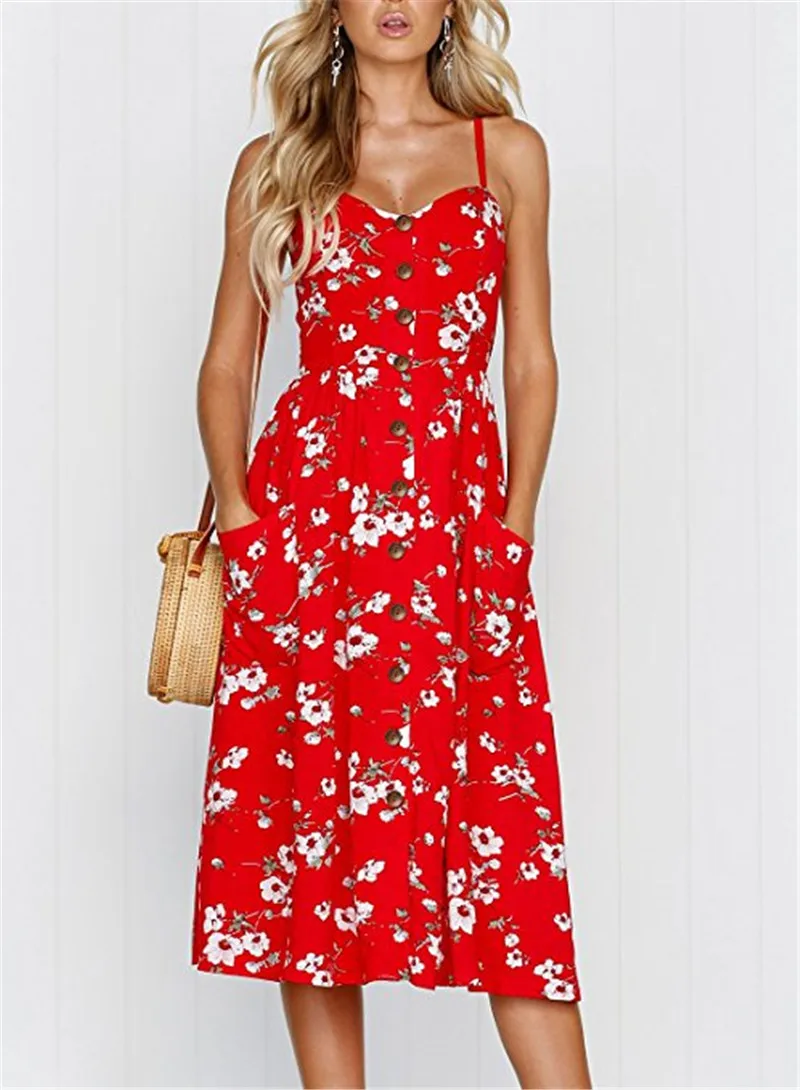 

2020 Summer Woman Sexy Backless Floral Print Beach Dress Casual Sling V Neck Button Up Midi Dress Plus Size S-3XL Vestidos Dress