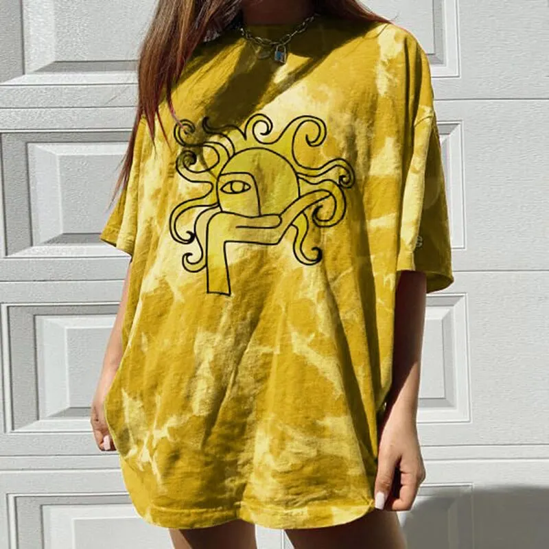 

2020 Summer Women Tie Dye T-shirts Summer Round Collar Short Sleeve Sun Print Loose Female Clothing Streetwear Tee Shirts