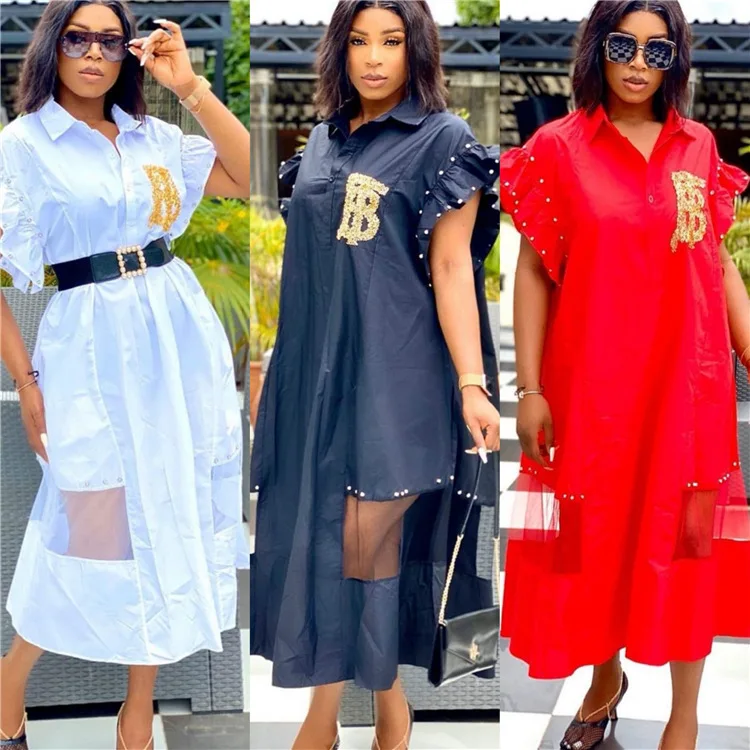 

New casual solid color letter printed loose dress fashion Lapel short sleeve shirt long skirt
