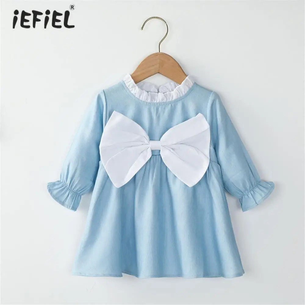 

Infant Baby Girls Dress Spring Autumn Lovely Cotton Long Sleeve Ruffle Cuffs Princess Dresses with Bowknot Baby Clothes