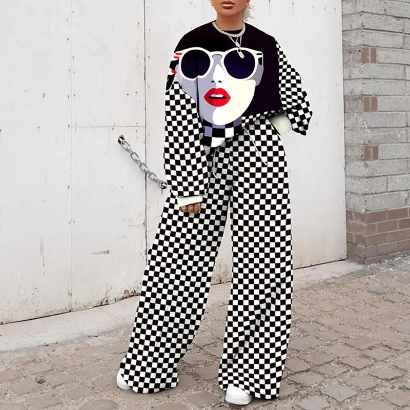 

2021 Spring Print Elegant Women Two-Piece Sets New Fashion Autumn Casual Sweatshirt And Wide Leg Pants Suit Streetwear Tracksuit