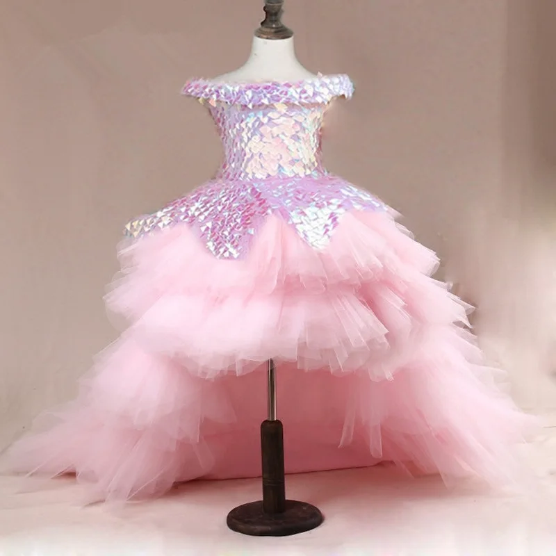Flower Girl Dress Children Wedding Bridemaid Dresses Kids Pink Tutu Sequin Gowns Girl Boutique Party Wear Elegant Frocks