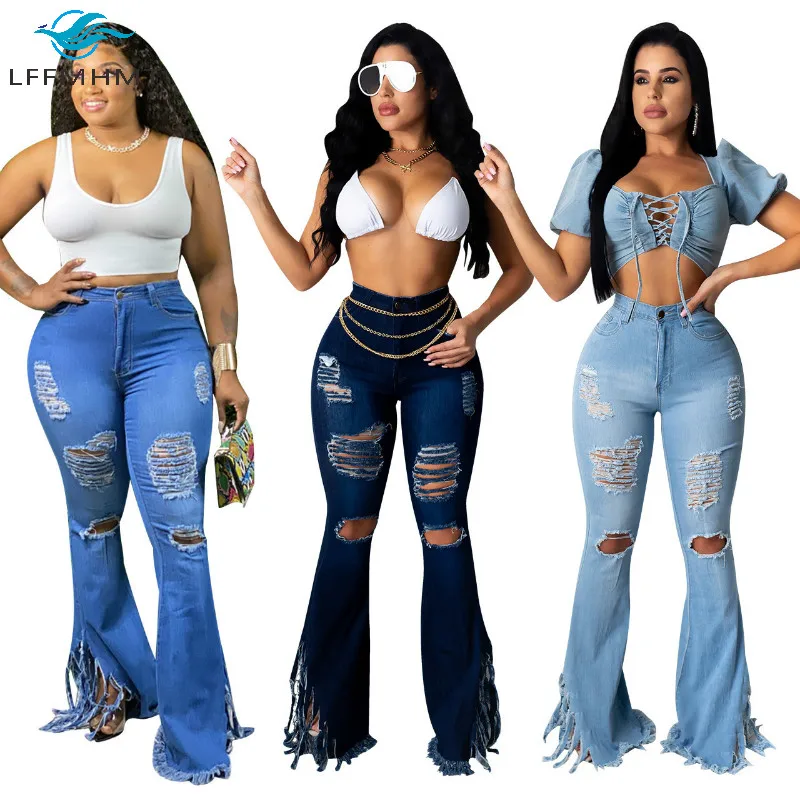 

American European Style Women Fashion Ripped Flare Denim Pant Office Lady High Waist Classical Tassel Female Casual Slim Jeans
