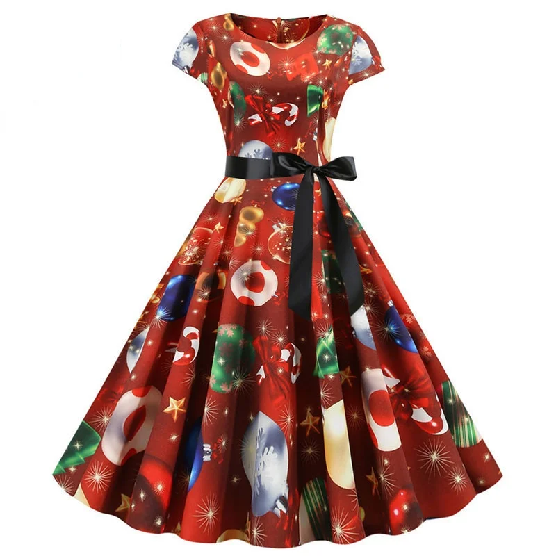

Plus Size Red Christmas Women Summer Short Sleeve Elegant Vintage Xmas Party Dresses Robe Femme Casual Vestidos with Belt