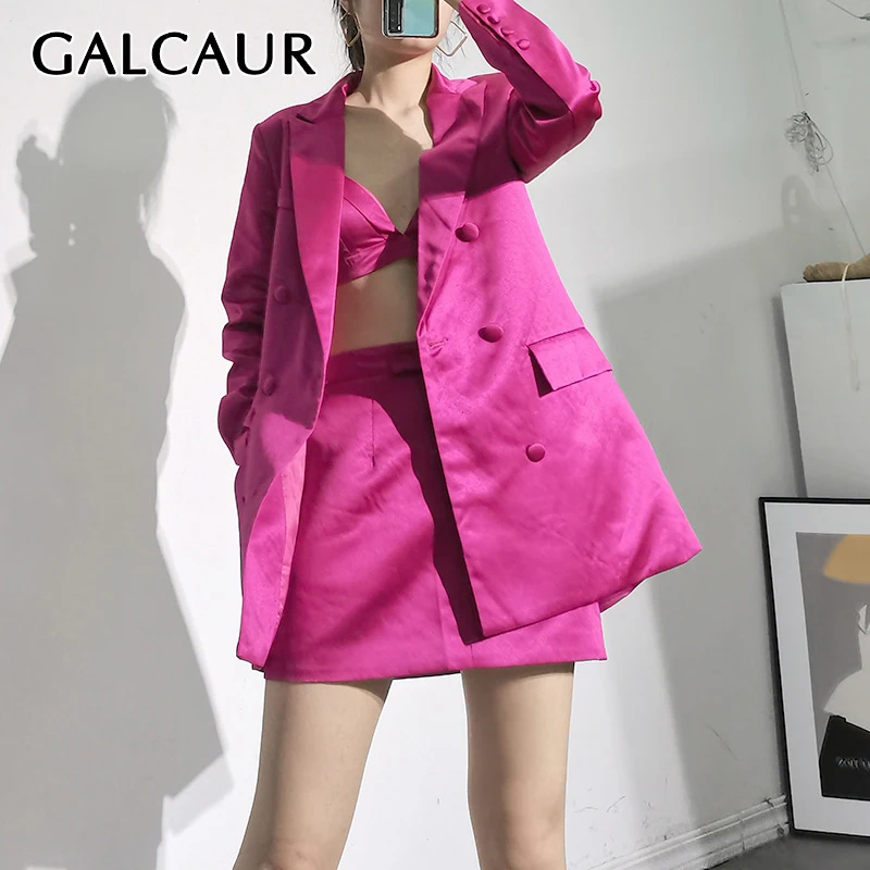

GALCAUR Solid Elegant Three Piece Set For Women Notched Long Sleeve Coat Sexy Vests High Waist Mini Skirts Sets Female 2021 New