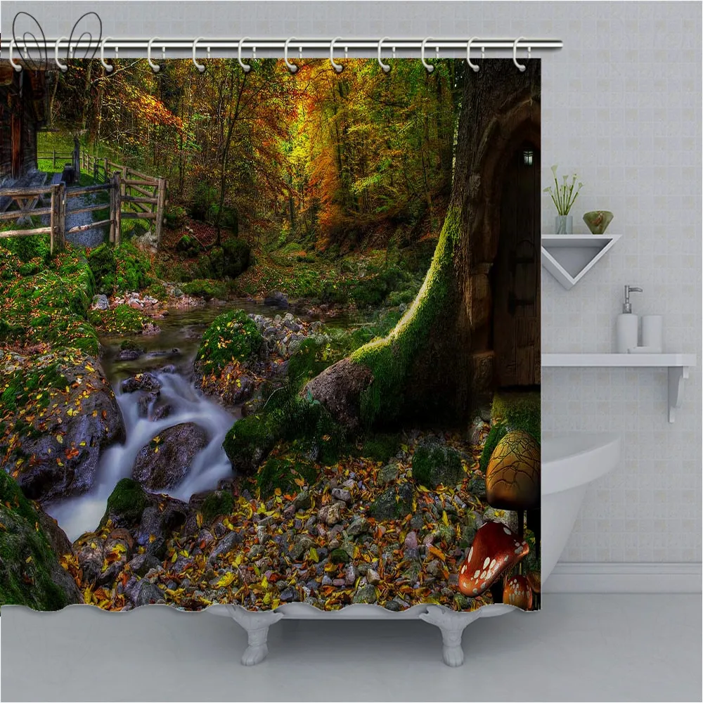 Занавеска для душа с рисунком деревьев и грибов | Дом сад