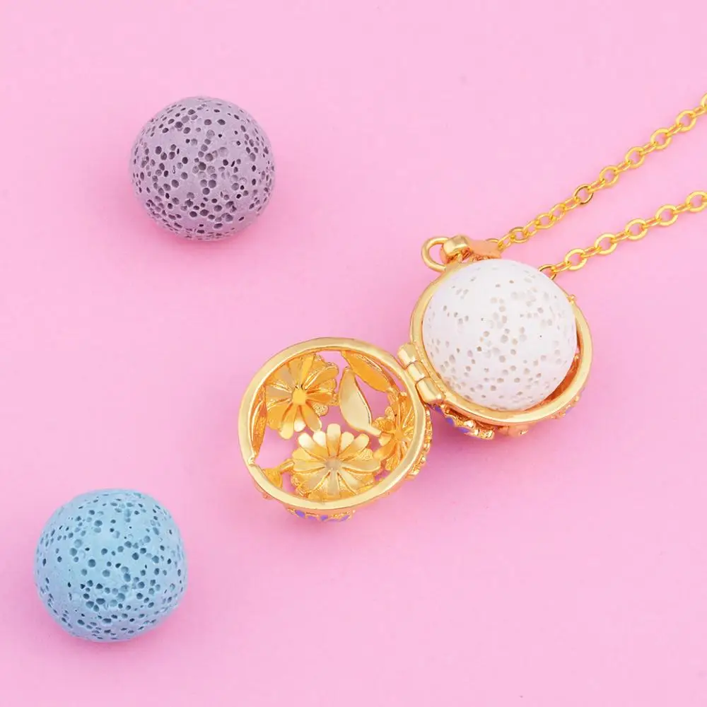 Eudora Golden 18mm Cornflower Open Locket Essential Oil Diffuser Pendant Necklace Aroma with Lava Rock K143G18 | Украшения и