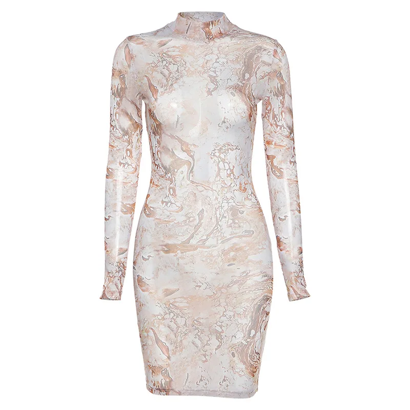

Retro tribal style printed graphic dress for women street casual wear summer long sleeve mesh bocycon mini dresses female
