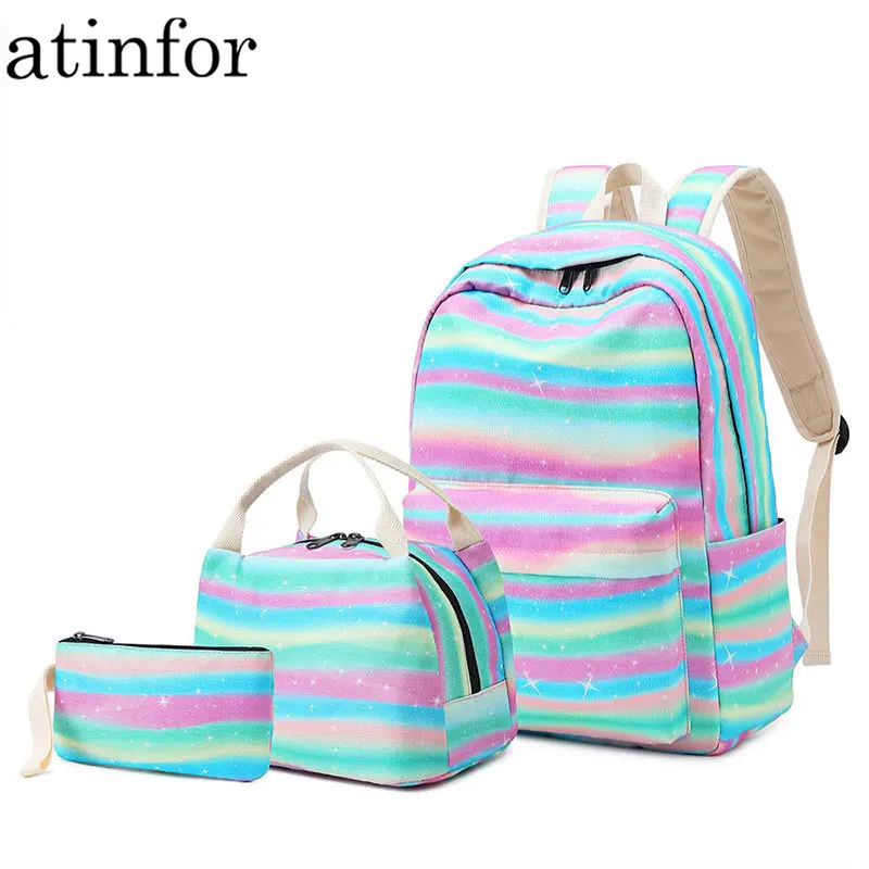 Женский набор рюкзаков большой вместимости atinfor, сумка для книг для подростков с ланч-боксом, женский рюкзак в полоску для ноутбука