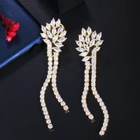 threegraces gorgeous white cubic zirconia gold color long dangle tassel drop earrings for women new fashion party jewelry er493