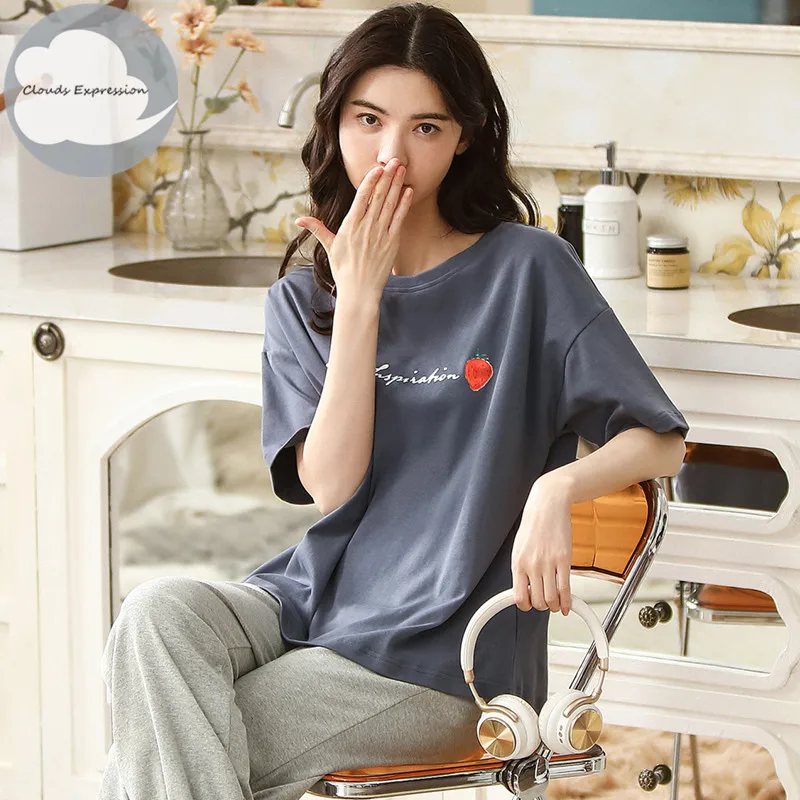 Летняя брендовая футболка с короткими рукавами вязаное хлопковое женские пижамы