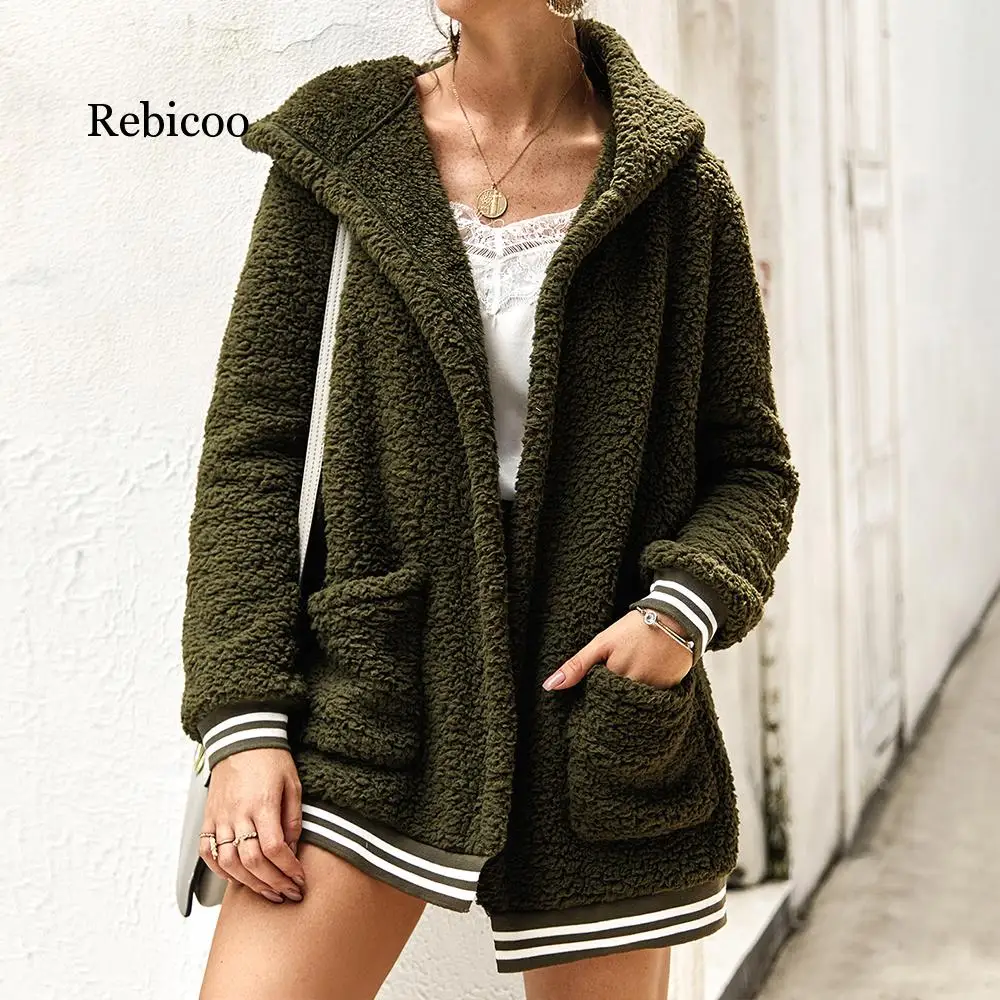

Women's autumn plush fleece coat warm fashion solid color hooded jacket