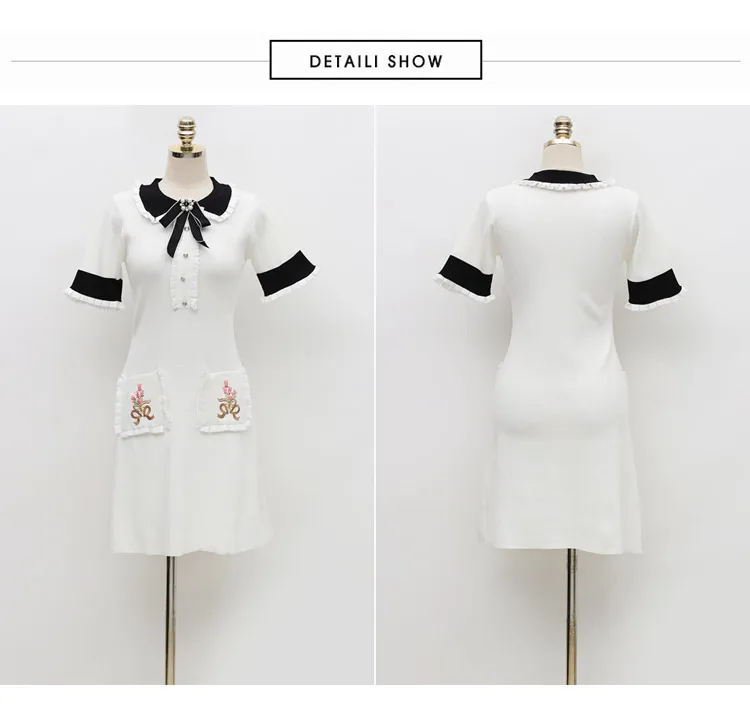 

Runway Vintage Knitted Dress Women Sweet Peter Pan Collar Beading Bowknot Ruffle Pocket Flower Embroidery Small Fragrant Dress