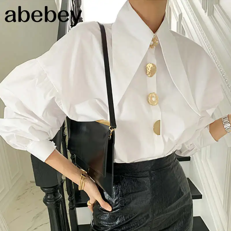 

Блузка женская с отложным воротником и длинным рукавом-фонариком, простая Однотонная рубашка в офисном стиле, свободная рубашка, весна 2021
