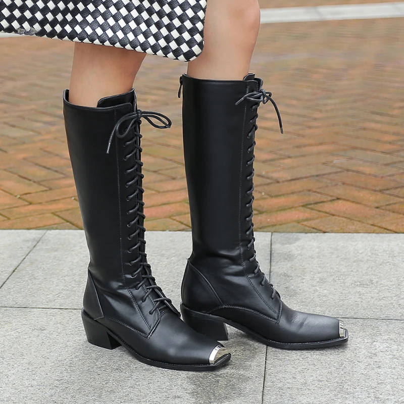 

WETKISS Western Boots Women Cow Leather High Heels Boot Female Metal Toe Cowboy Shoes Ladies Cross Tied Motorcycle Shoes Winter