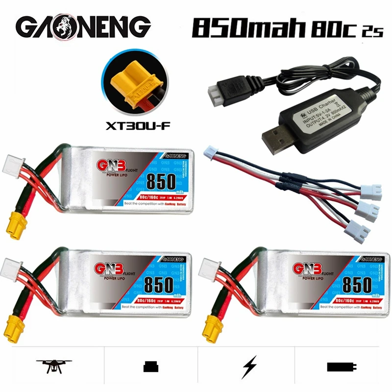 

GNB RC FPV Racing Drone Micro Quadcopter Helicopter 2S 7.4V 850mAh Lipo Battery Charger Set 80C/160C With XT30U-F Plug