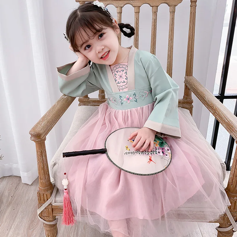 

WLG spring Chinese Style dresses kids patchwork mesh ruffle dress baby girl cute clothes for 2-6 years children