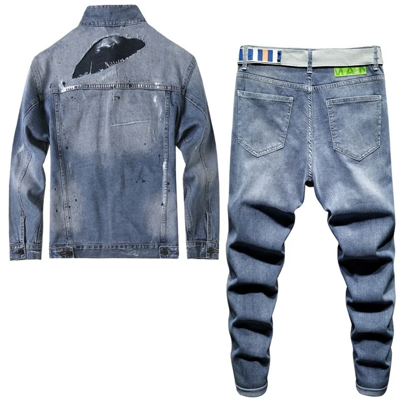 Винтажные мужские джинсовые комплекты рваные нашивки брызговая однобортная