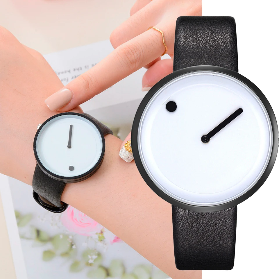 

Estilo minimalista de cuero,relojes de los hombres de las mujeres negro creativo diseno blanco Dot & linea esfera Simple relojes