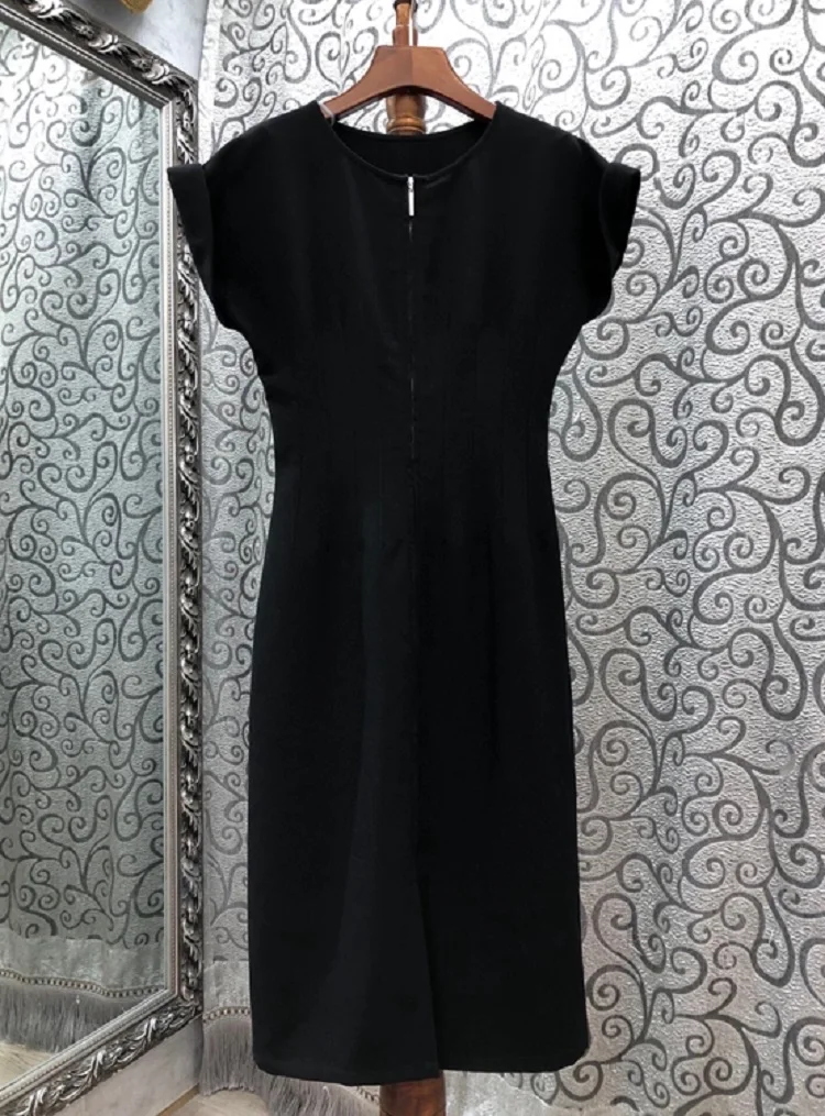 

2020 Autumn Fashion Work Dress Business Women O-Neck Slim Fitted Short Sleeve Mid-Calf Length Front Zipper Dress White Black