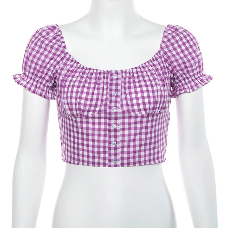 

2021 Summer Women Short Puff Sleeve Square Neck Tops Girls Korean Plaid Cute Button Tee Preppy Style Cropped Tops Sweet Purple