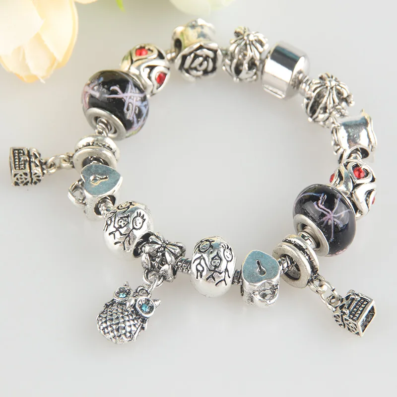 ELESHE тибетский серебряный Амулет браслет с CZ совой очарование черный муранские