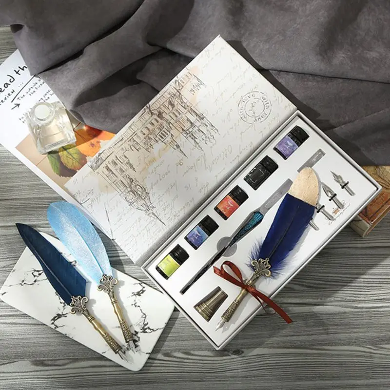 

1 Set Vintage Calligraphy Feather Dip Pen Fountain Pens Writing Ink Nibs Stationery School Birthday Gifts